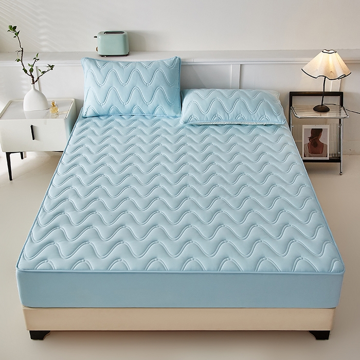 91家纺网 家纺一手货源 找家纺 盛眠家纺 2025新款水洗棉夹棉床笠-云汐 蓝色