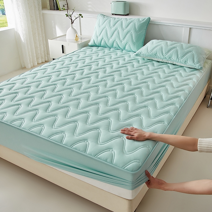 盛眠家纺 2025新款水洗棉夹棉床笠-云汐 绿色