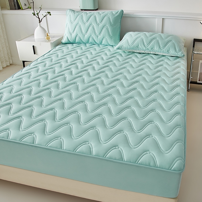 91家纺网 家纺一手货源 找家纺 盛眠家纺 2025新款水洗棉夹棉床笠-云汐 绿色