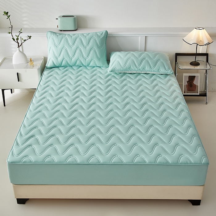 91家纺网 家纺一手货源 找家纺 盛眠家纺 2025新款水洗棉夹棉床笠-云汐 绿色