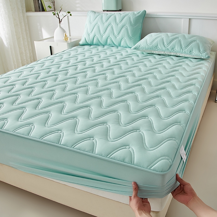 91家纺网 家纺一手货源 找家纺 盛眠家纺 2025新款水洗棉夹棉床笠-云汐 绿色