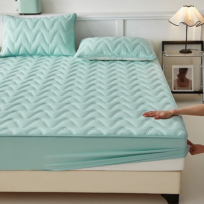 91家纺网 家纺一手货源 找家纺 盛眠家纺 2025新款水洗棉夹棉床笠-云汐 绿色