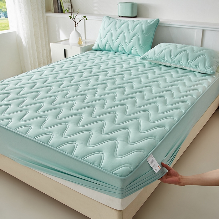 91家纺网 家纺一手货源 找家纺 盛眠家纺 2025新款水洗棉夹棉床笠-云汐 绿色