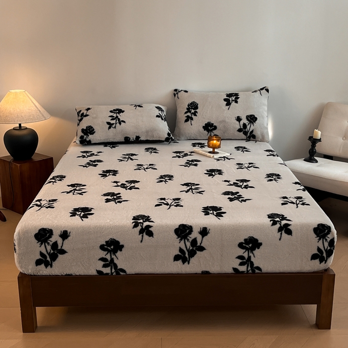 91家纺网 家纺一手货源 找家纺 子曰 2025新款加厚美拉德兔绒床笠 美拉德-玫瑰(白)