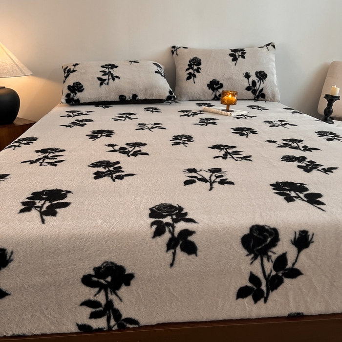 91家纺网 家纺一手货源 找家纺 子曰 2025新款加厚美拉德兔绒床笠 美拉德-玫瑰(白)