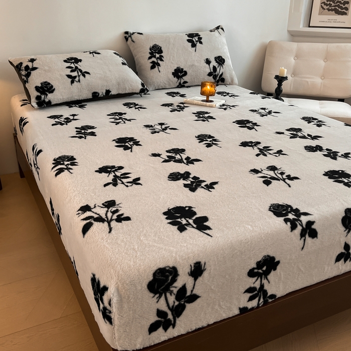 91家纺网 家纺一手货源 找家纺 子曰 2025新款加厚美拉德兔绒床笠 美拉德-玫瑰(白)