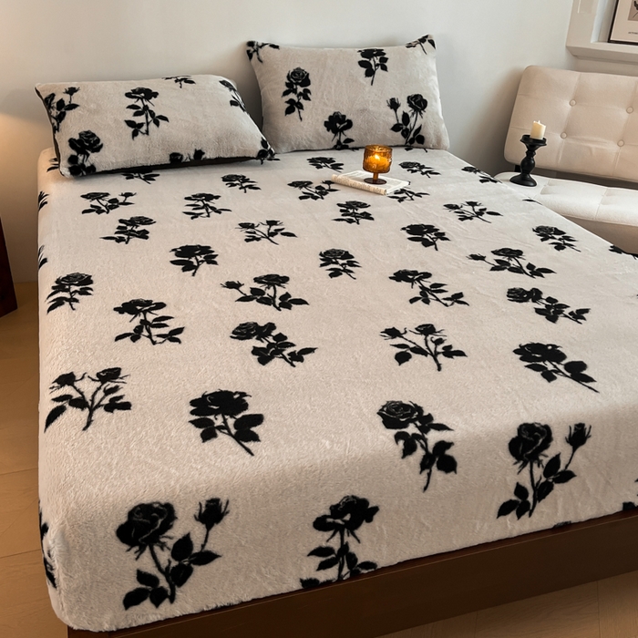 91家纺网 家纺一手货源 找家纺 子曰 2025新款加厚美拉德兔绒床笠 美拉德-玫瑰(白)