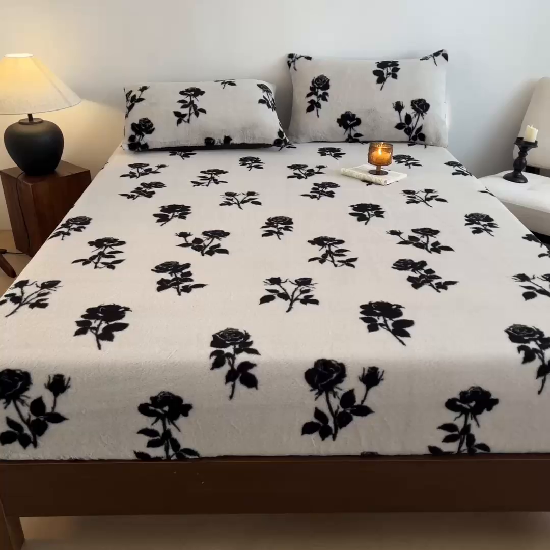 91家纺网 家纺一手货源 找家纺 子曰 2025新款加厚美拉德兔绒床笠 美拉德-玫瑰(白)