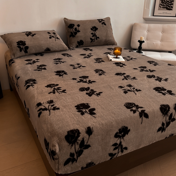 91家纺网 家纺一手货源 找家纺 子曰 2025新款加厚美拉德兔绒床笠 美拉德-玫瑰(咖)