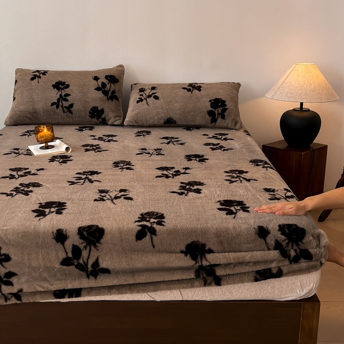 91家纺网 家纺一手货源 找家纺 子曰 2025新款加厚美拉德兔绒床笠 美拉德-玫瑰(咖)