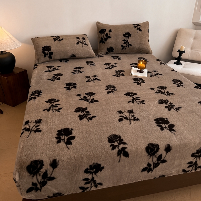 91家纺网 家纺一手货源 找家纺 子曰 2025新款加厚美拉德兔绒床笠 美拉德-玫瑰(咖)