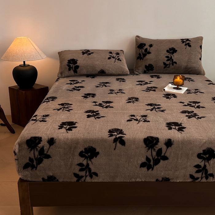 91家纺网 家纺一手货源 找家纺 子曰 2025新款加厚美拉德兔绒床笠 美拉德-玫瑰(咖)