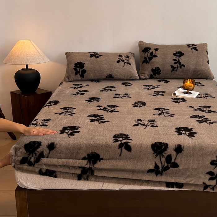 91家纺网 家纺一手货源 找家纺 子曰 2025新款加厚美拉德兔绒床笠 美拉德-玫瑰(咖)