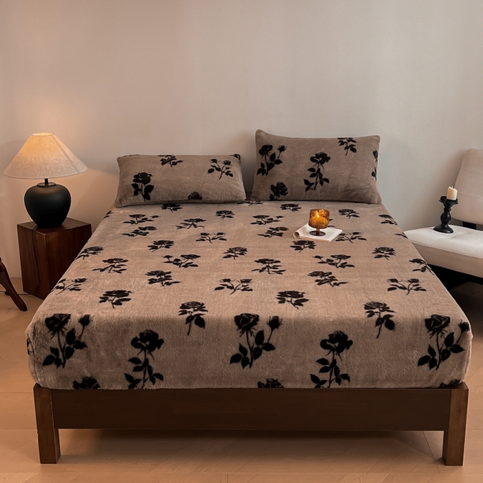 91家纺网 家纺一手货源 找家纺 子曰 2025新款加厚美拉德兔绒床笠 美拉德-玫瑰(咖)