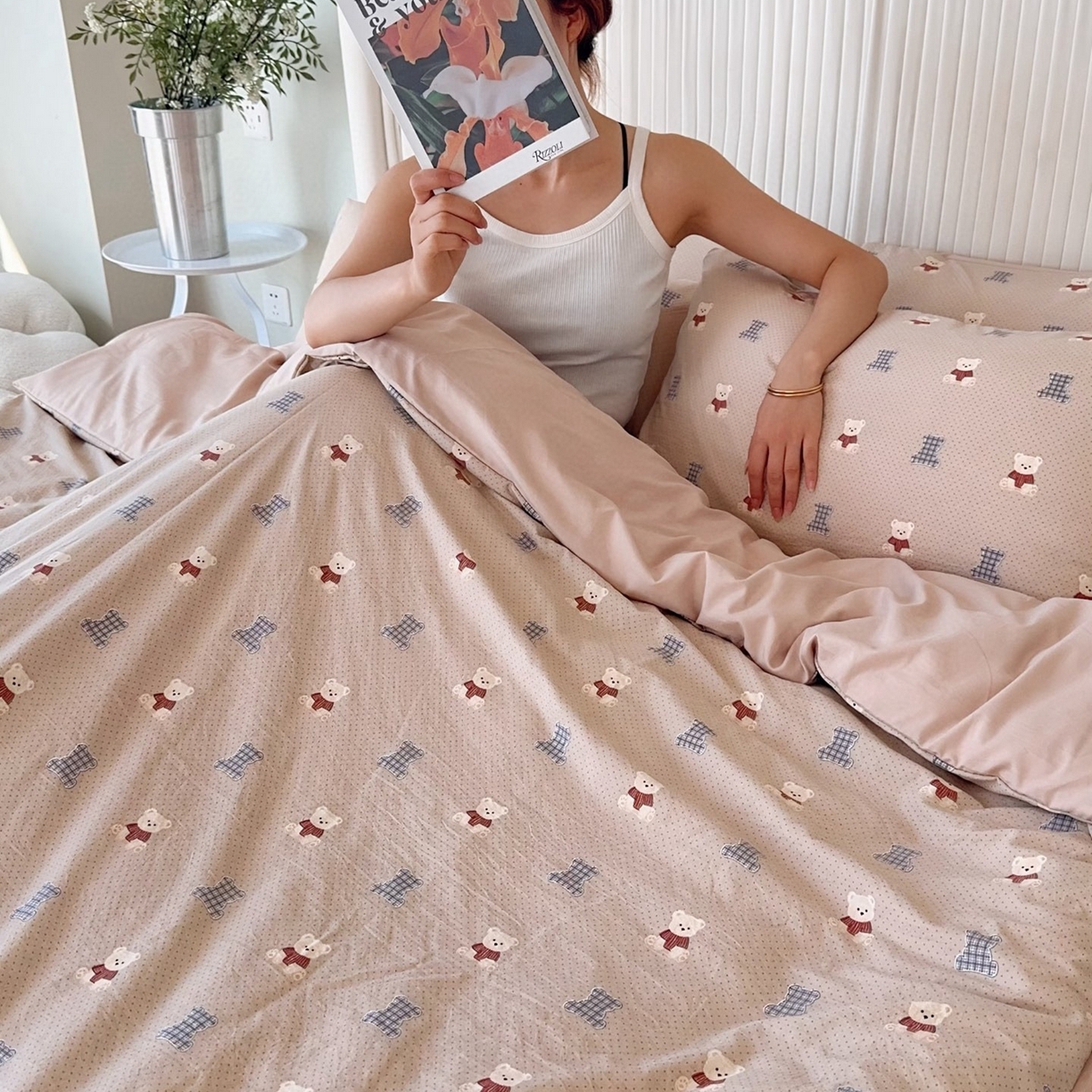 91家纺网 家纺一手货源 找家纺 兜米家居 2025新款古法水洗棉印花小清新四件套 波点小熊