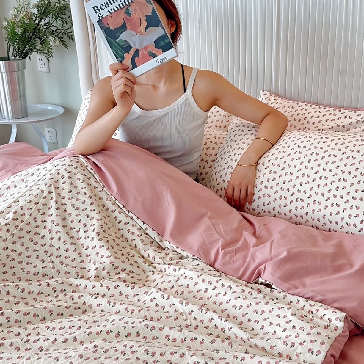 91家纺网 家纺一手货源 找家纺 兜米家居 2025新款古法水洗棉印花小清新四件套 花蕾