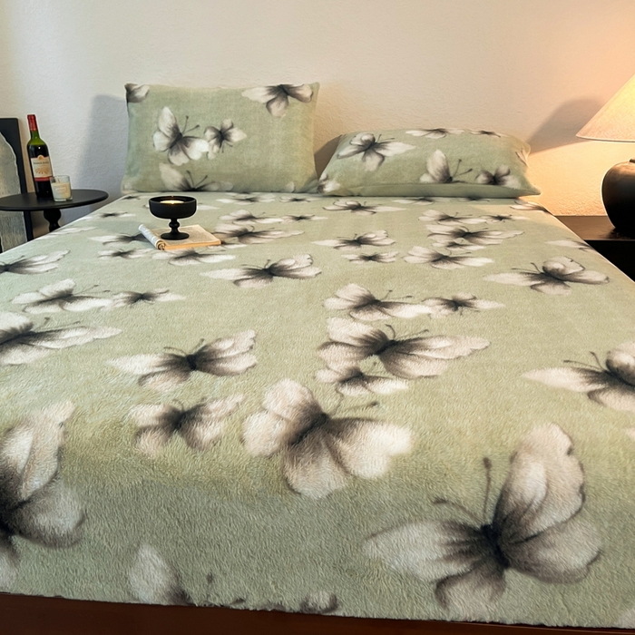 91家纺网 家纺一手货源 找家纺 子曰 2025新款加厚美拉德兔绒床笠 美拉德-蝶舞绿