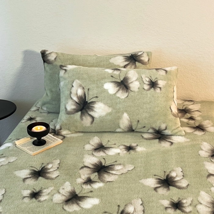 91家纺网 家纺一手货源 找家纺 子曰 2025新款加厚美拉德兔绒床笠 美拉德-蝶舞绿