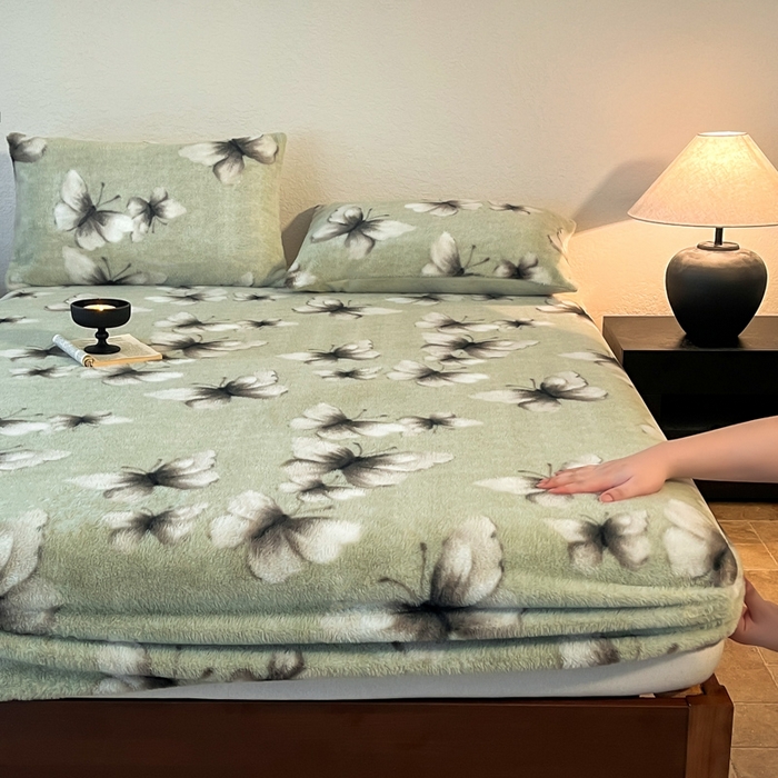 91家纺网 家纺一手货源 找家纺 子曰 2025新款加厚美拉德兔绒床笠 美拉德-蝶舞绿