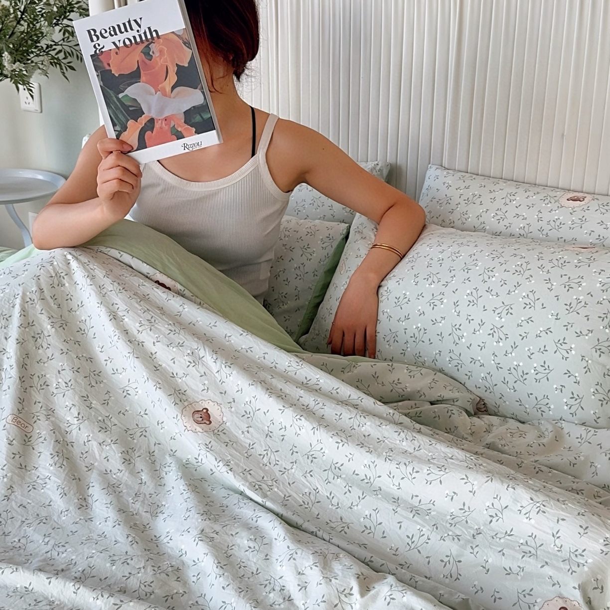 91家纺网 家纺一手货源 找家纺 兜米家居 2025新款古法水洗棉印花小清新四件套 绿叶小熊