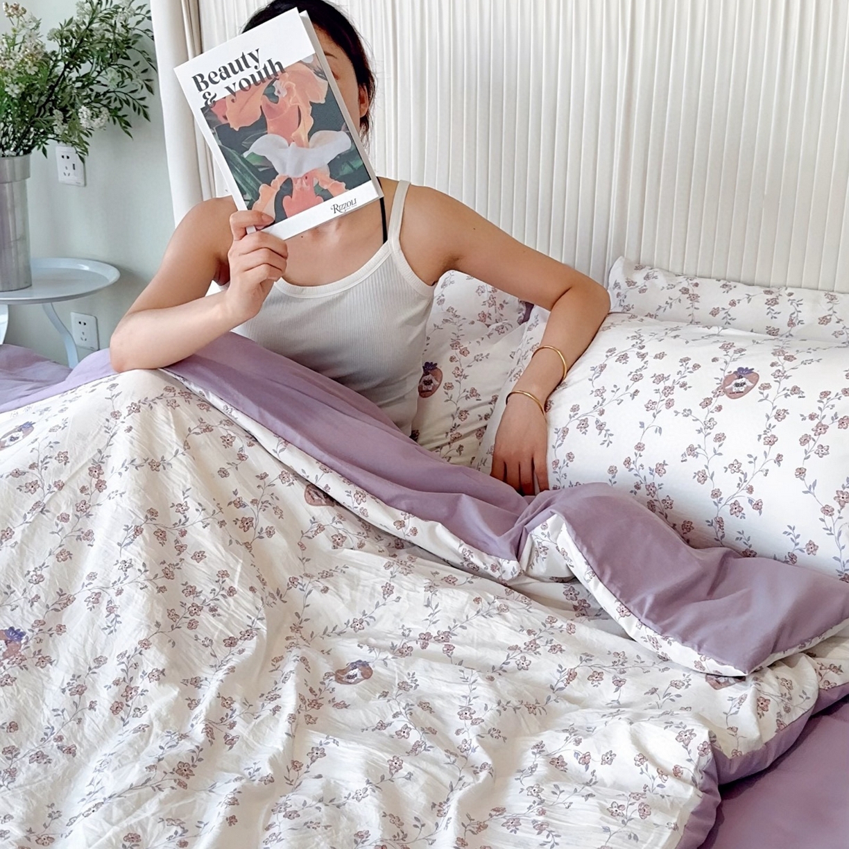 91家纺网 家纺一手货源 找家纺 兜米家居 2025新款古法水洗棉印花小清新四件套 唯美紫