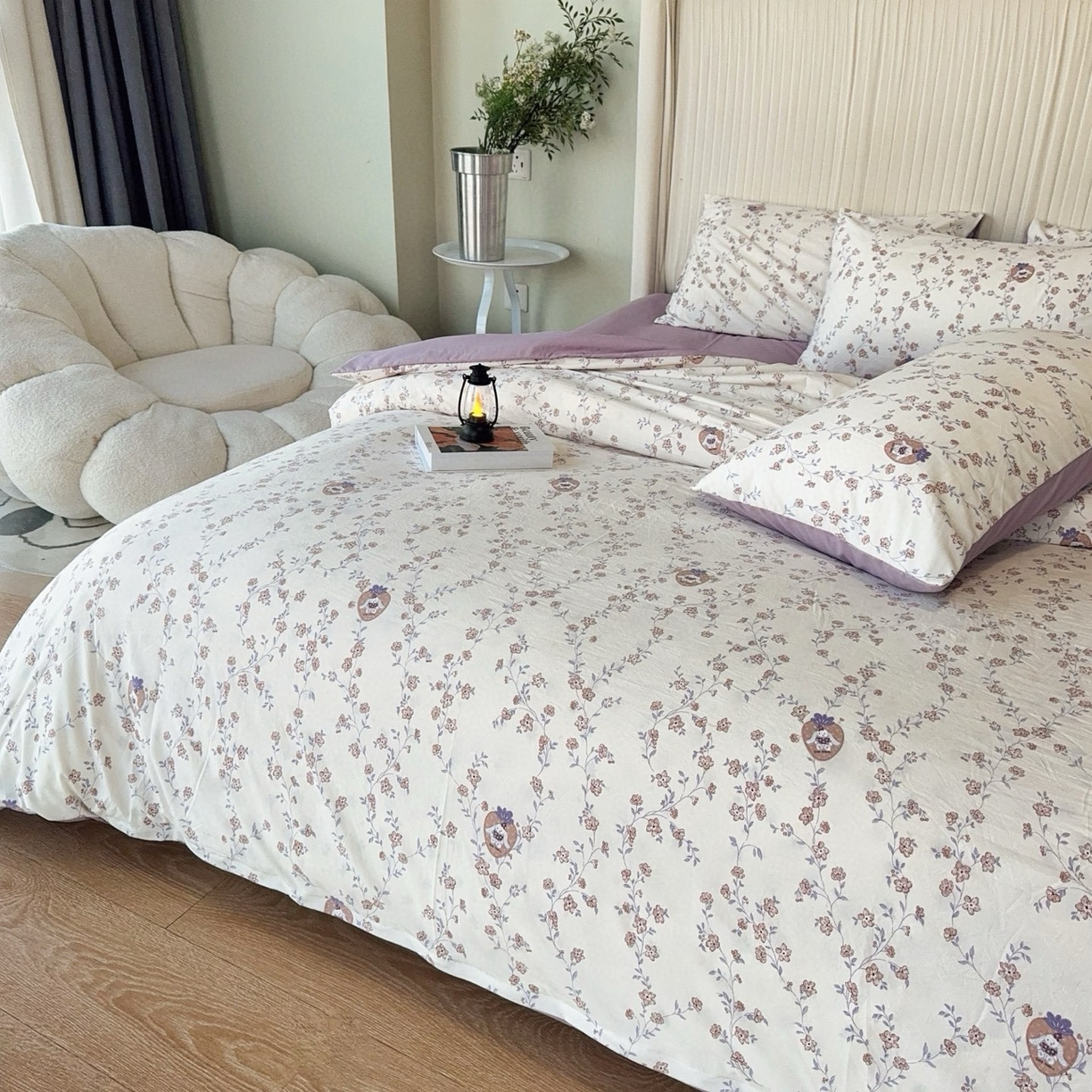 91家纺网 家纺一手货源 找家纺 兜米家居 2025新款古法水洗棉印花小清新四件套 唯美紫