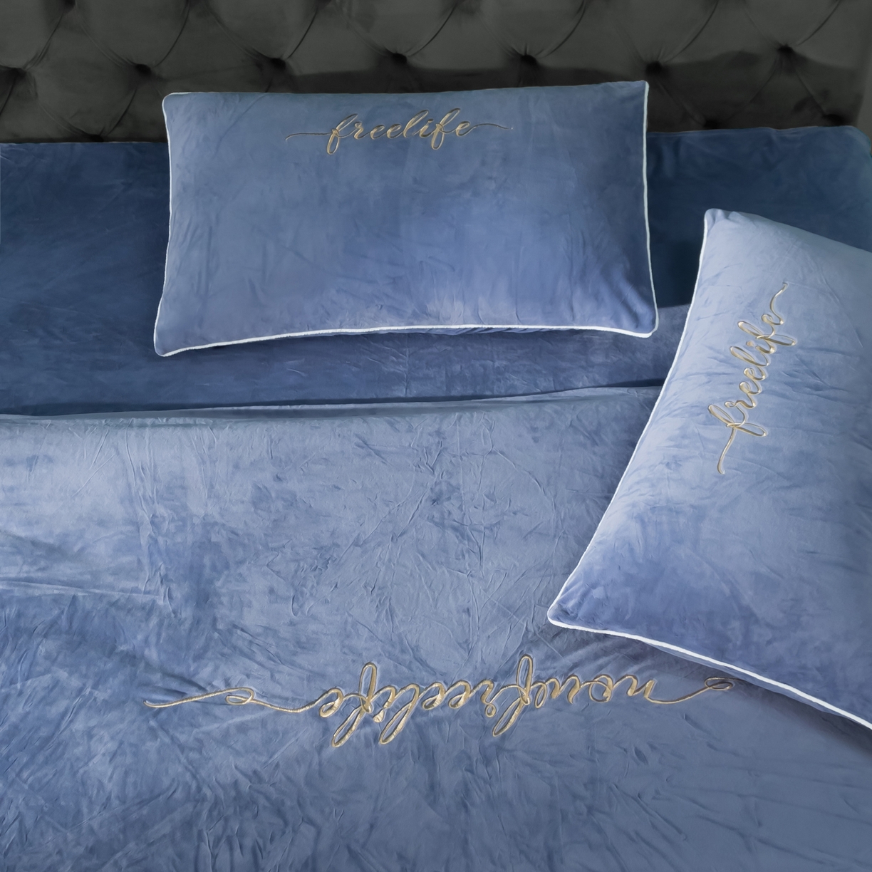 91家纺网 家纺一手货源 找家纺 千朵森 2025新款杰西卡250克加厚高端锦丝绒四件套-风格一 杰西卡-蓝灰