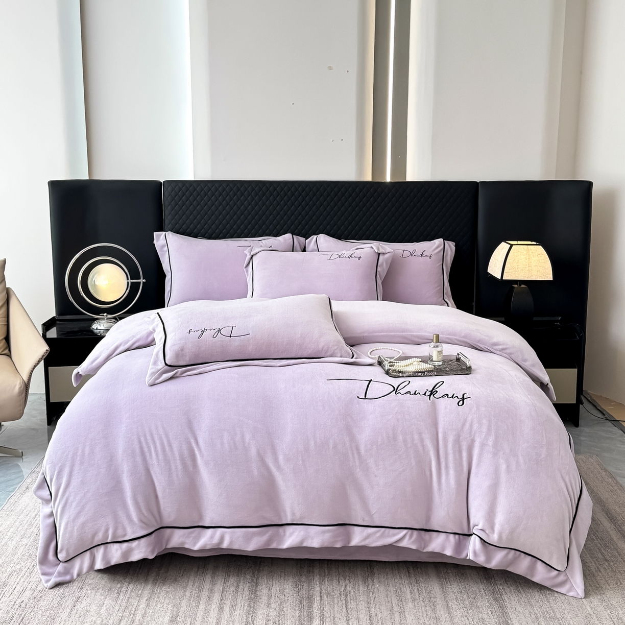 91家纺网 家纺一手货源 找家纺 KA家纺 2025新款冬轻奢刺绣款嵌绳大拼角牛奶绒四件套 轻奢牛奶绒-紫