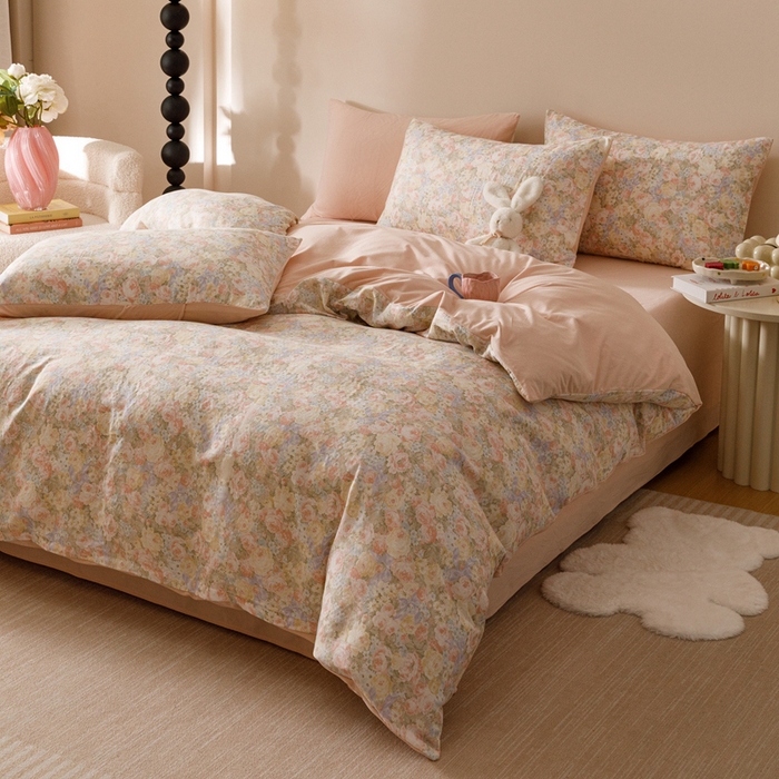 91家纺网 家纺一手货源 找家纺 金奇达家纺 2025新款双感-羽零™空气拉绒床单四件套【暖阳】（会员减20元） 莫奈花园