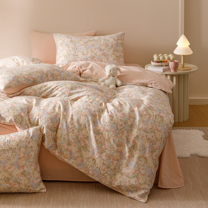 91家纺网 家纺一手货源 找家纺 金奇达家纺 2025新款双感-羽零™空气拉绒床单四件套【暖阳】（会员减20元） 莫奈花园