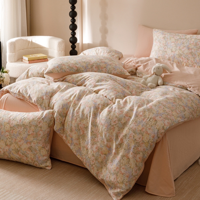 91家纺网 家纺一手货源 找家纺 金奇达家纺 2025新款双感-羽零™空气拉绒床单四件套【暖阳】（会员减20元） 莫奈花园