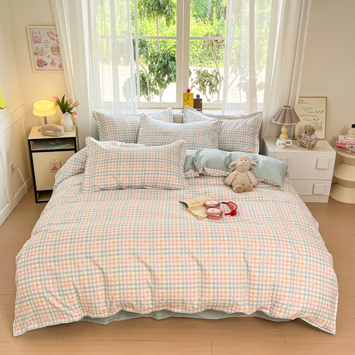 91家纺网 家纺一手货源 找家纺 好亿来家纺 2025新款植物羊绒加厚斜纹磨毛四件套及单被套系列 彩虹格