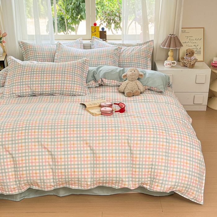 91家纺网 家纺一手货源 找家纺 好亿来家纺 2025新款植物羊绒加厚斜纹磨毛四件套及单被套系列 彩虹格