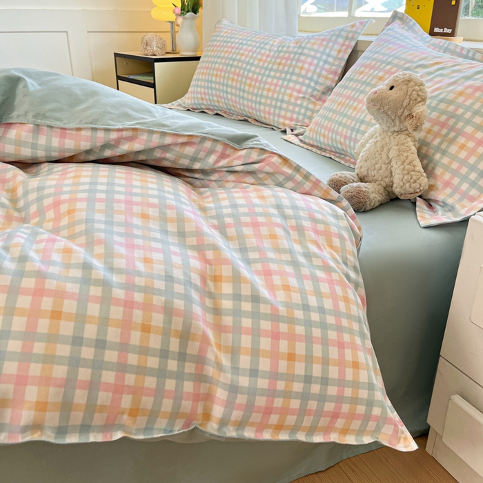 91家纺网 家纺一手货源 找家纺 好亿来家纺 2025新款植物羊绒加厚斜纹磨毛四件套及单被套系列 彩虹格