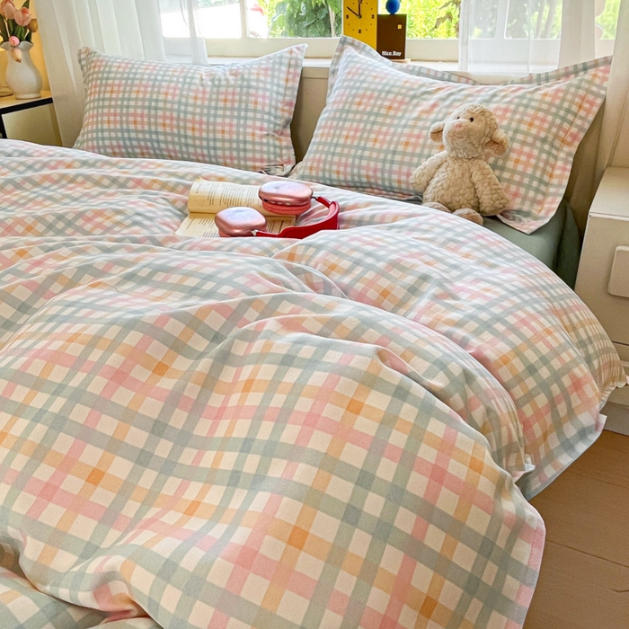 91家纺网 家纺一手货源 找家纺 好亿来家纺 2025新款植物羊绒加厚斜纹磨毛四件套及单被套系列 彩虹格