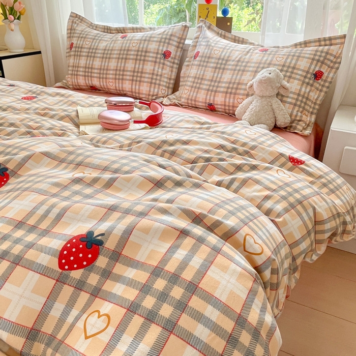 91家纺网 家纺一手货源 找家纺 好亿来家纺 2025新款植物羊绒加厚斜纹磨毛四件套及单被套系列 草莓爱心