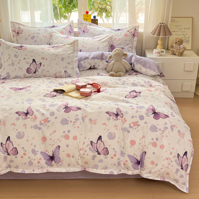 91家纺网 家纺一手货源 找家纺 好亿来家纺 2025新款植物羊绒加厚斜纹磨毛四件套及单被套系列 蝶舞