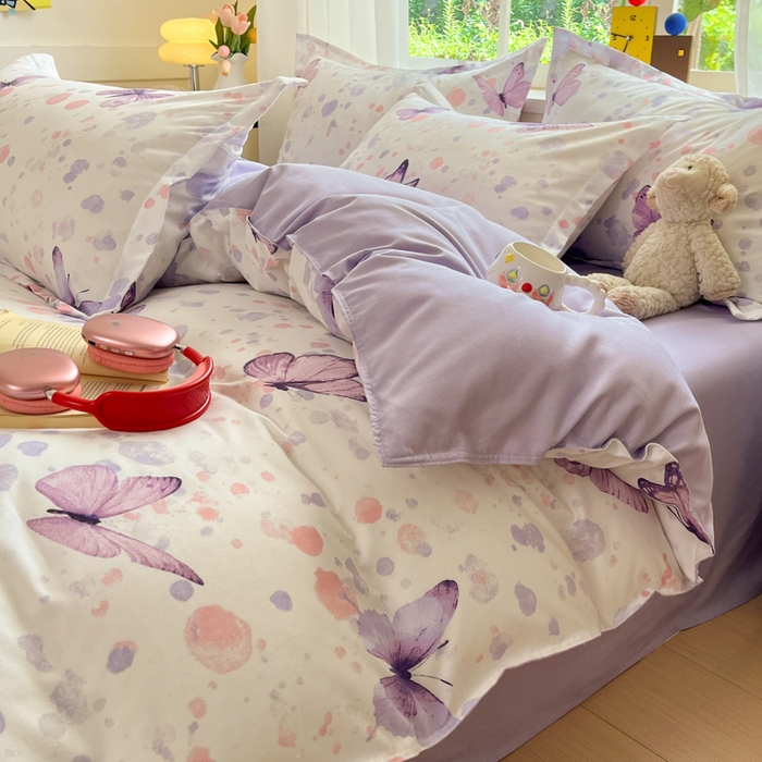 91家纺网 家纺一手货源 找家纺 好亿来家纺 2025新款植物羊绒加厚斜纹磨毛四件套及单被套系列 蝶舞