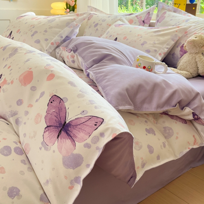 91家纺网 家纺一手货源 找家纺 好亿来家纺 2025新款植物羊绒加厚斜纹磨毛四件套及单被套系列 蝶舞