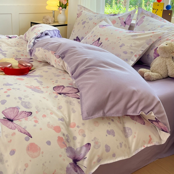 91家纺网 家纺一手货源 找家纺 好亿来家纺 2025新款植物羊绒加厚斜纹磨毛四件套及单被套系列 蝶舞