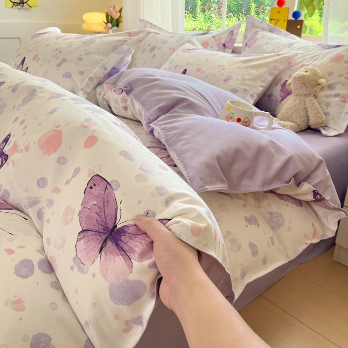 91家纺网 家纺一手货源 找家纺 好亿来家纺 2025新款植物羊绒加厚斜纹磨毛四件套及单被套系列 蝶舞