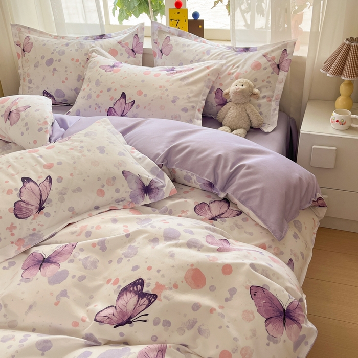 91家纺网 家纺一手货源 找家纺 好亿来家纺 2025新款植物羊绒加厚斜纹磨毛四件套及单被套系列 蝶舞