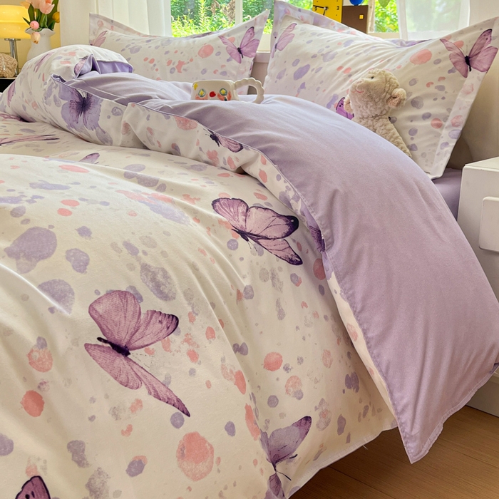 91家纺网 家纺一手货源 找家纺 好亿来家纺 2025新款植物羊绒加厚斜纹磨毛四件套及单被套系列 蝶舞