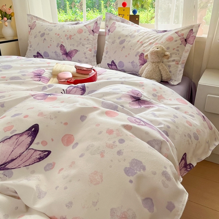 91家纺网 家纺一手货源 找家纺 好亿来家纺 2025新款植物羊绒加厚斜纹磨毛四件套及单被套系列 蝶舞