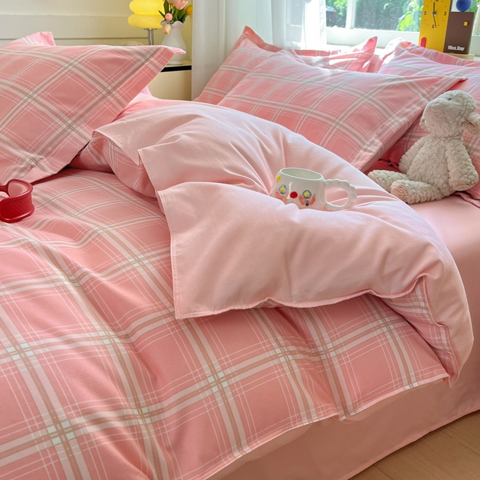 91家纺网 家纺一手货源 找家纺 好亿来家纺 2025新款植物羊绒加厚斜纹磨毛四件套及单被套系列 格弗里-粉