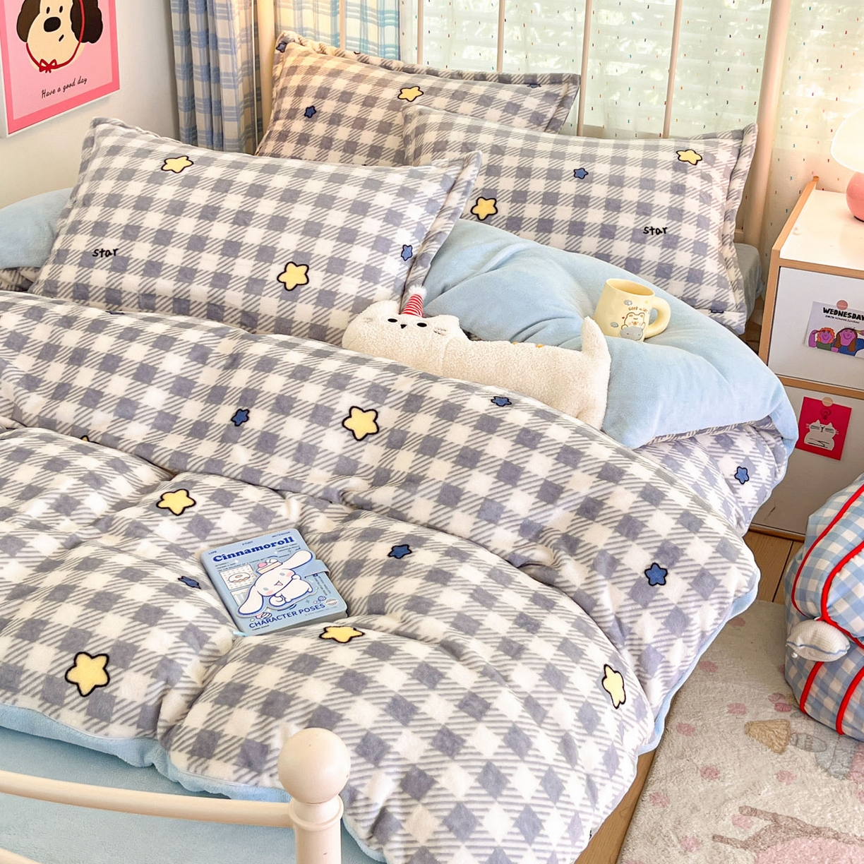 91家纺网 家纺一手货源 找家纺 川悦生活 2025新款加厚牛奶绒印花四件套 简空星号