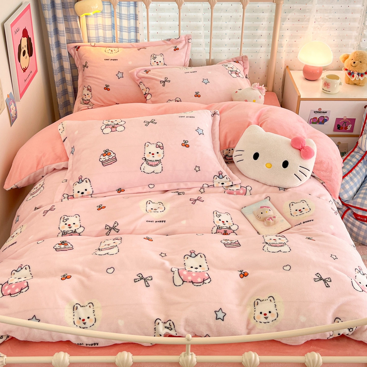 川悦生活 2025新款加厚牛奶绒印花四件套 茶派小狗粉