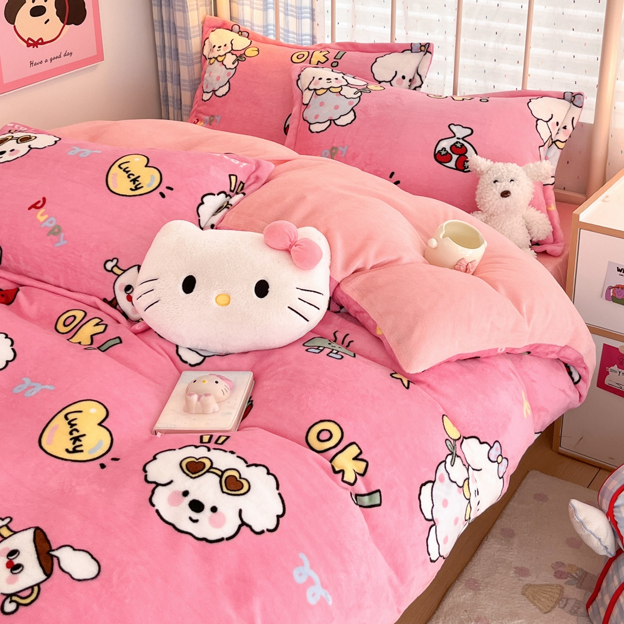 91家纺网 家纺一手货源 找家纺 川悦生活 2025新款加厚牛奶绒印花四件套 嗨皮小奶狗