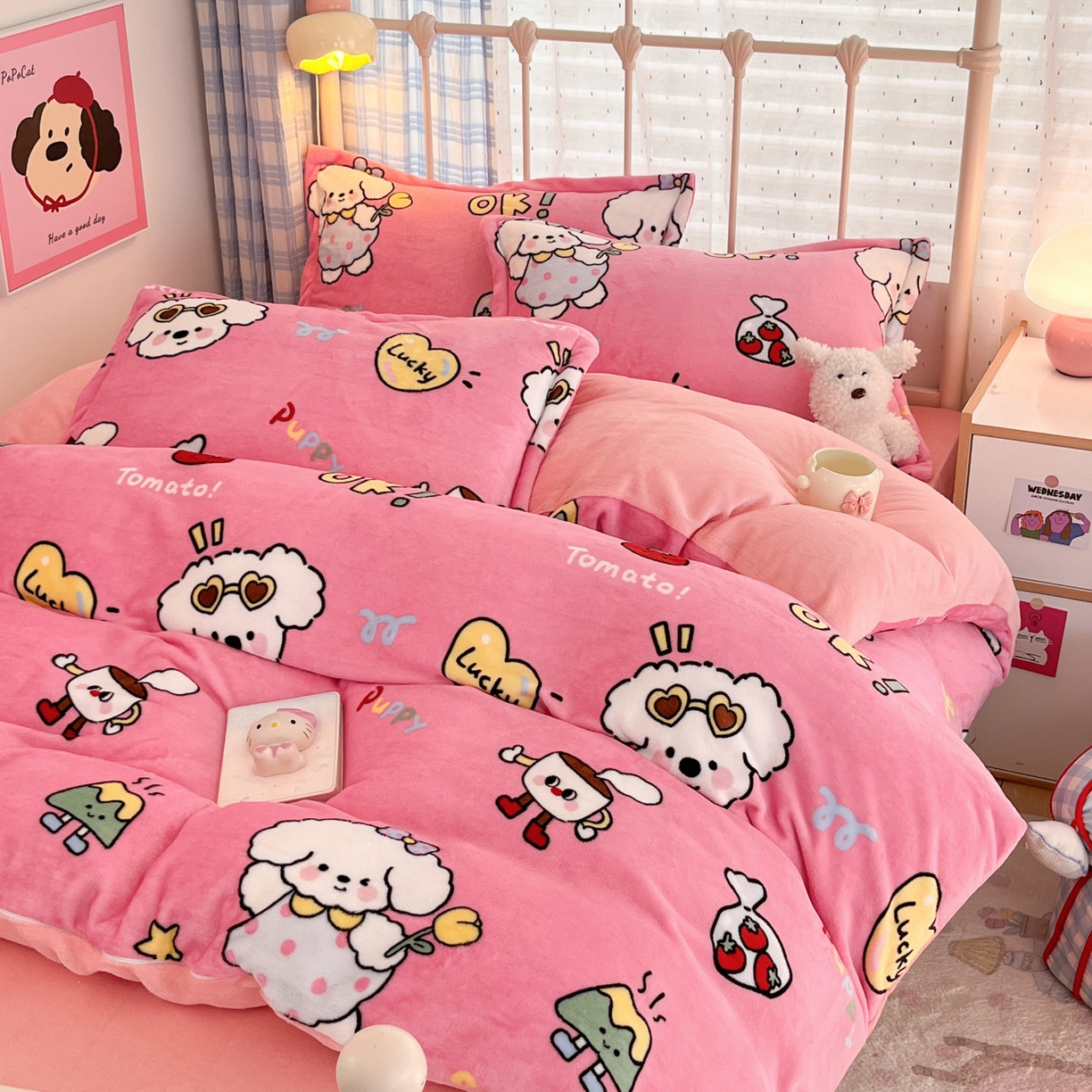 91家纺网 家纺一手货源 找家纺 川悦生活 2025新款加厚牛奶绒印花四件套 嗨皮小奶狗