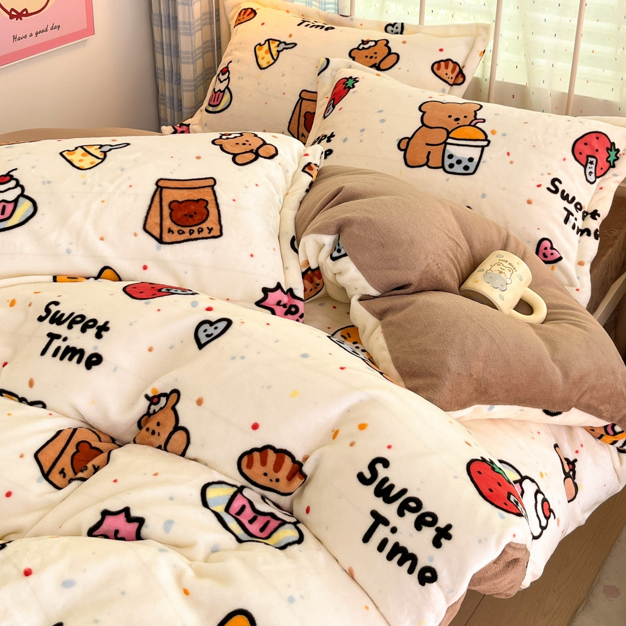 91家纺网 家纺一手货源 找家纺 川悦生活 2025新款加厚牛奶绒印花四件套 动物奶泡